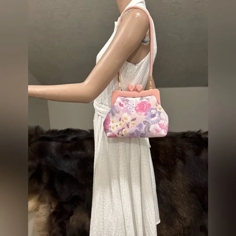 Floral Print Cowhide Leather Handmade Acrylic Frame Clutch Bag, 3 Straps Style